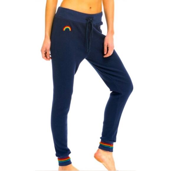 Aviator Nation Waffle Thermal Joggers Rainbow Embroidery in Navy, size medium - Picture 1 of 12